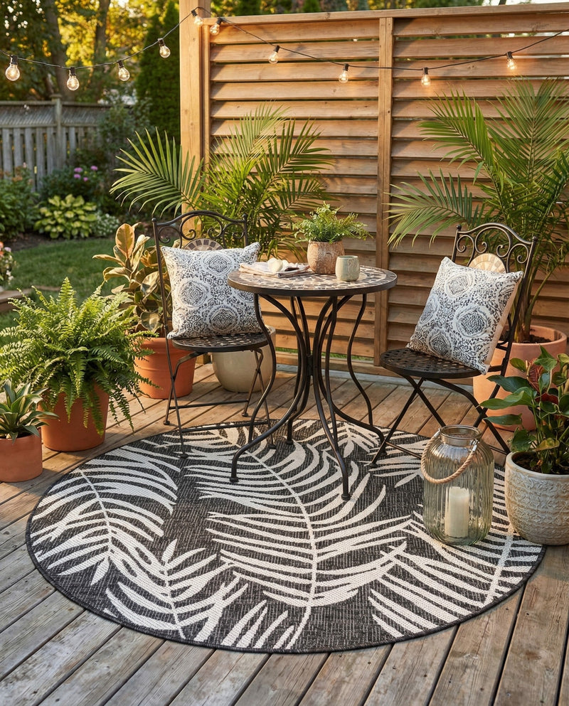 Seaside Blooms Collection Area Rug - Verdure (Charcoal) Round Charcoal  lifestyle 55