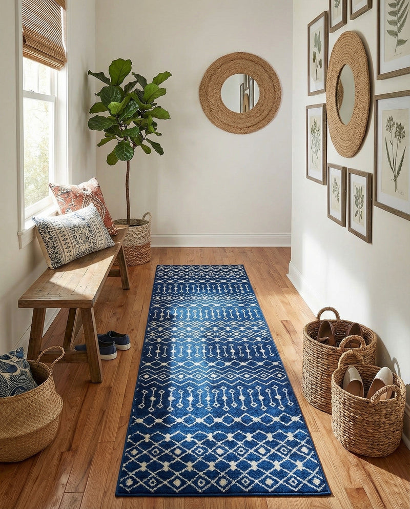 Mediterranean Lattice Collection Area Rug - Santorini (Navy Blue) Runner Navy Blue  lifestyle 61