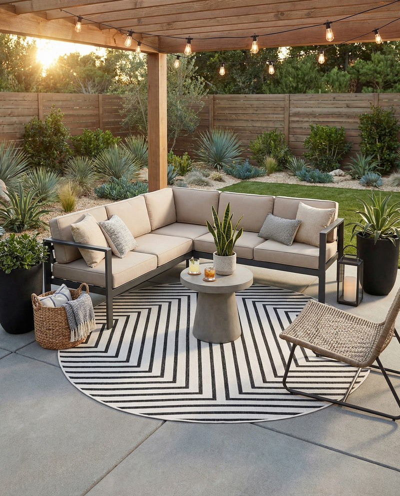 Urban Terrace Collection Area Rug -  Astoria (White and Black) Round White and Black  lifestyle 56