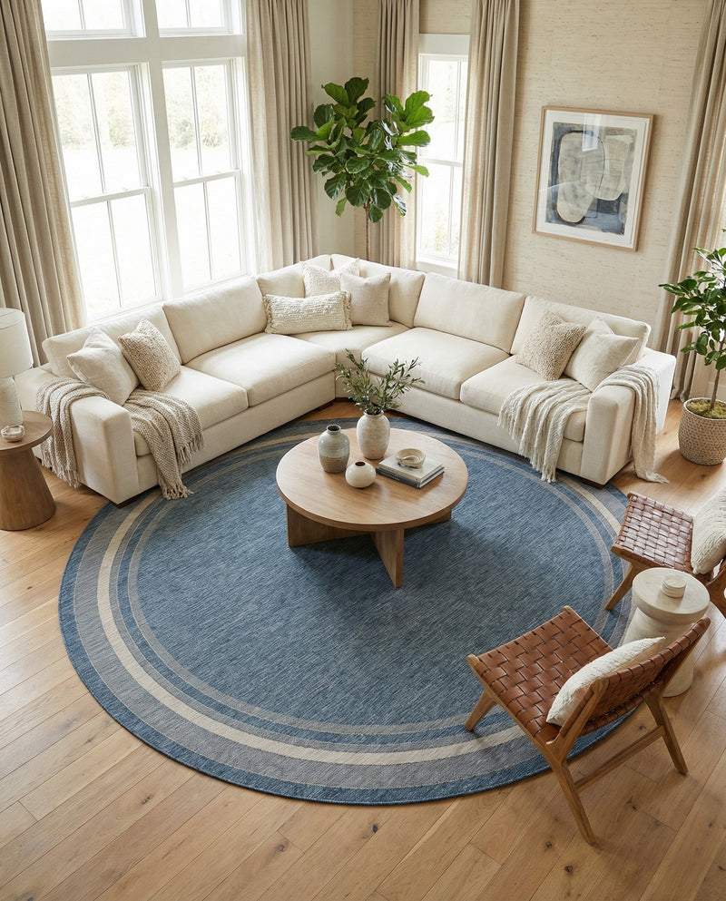 Terrace Fringe Collection Area Rug - Veranda (Blue) Round Blue  lifestyle 50