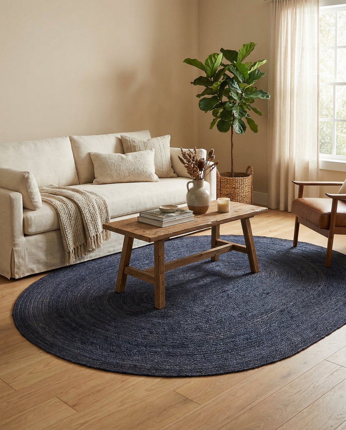 Woven Seaside Jute Collection Area Rug - Savannah (Navy Blue) Oval Navy Blue  lifestyle 89