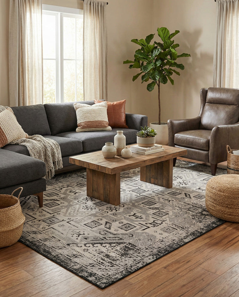 Tribal Terrace Treasures Collection Area Rug - Mayan Marina (Charcoal Gray) Rectangle Charcoal Gray  lifestyle 43