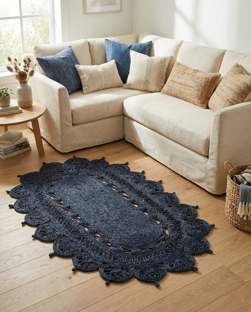 Woven Seaside Jute Collection Area Rug - Coastalhaven (Navy Blue) Oval Navy Blue  lifestyle 20