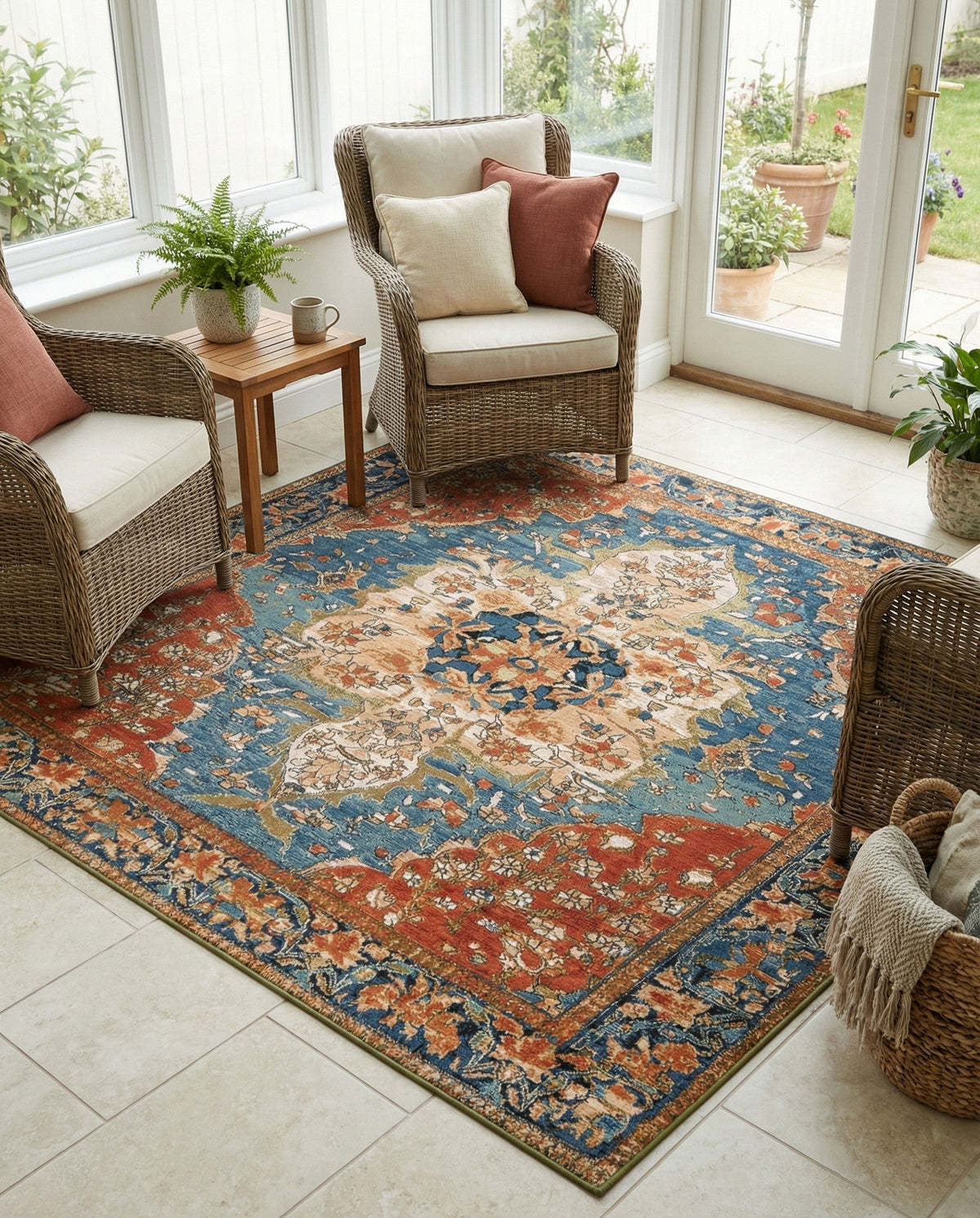 Patio Heritage Collection Area Rug -  Grove Square Navy Blue and Rust Red  lifestyle 64