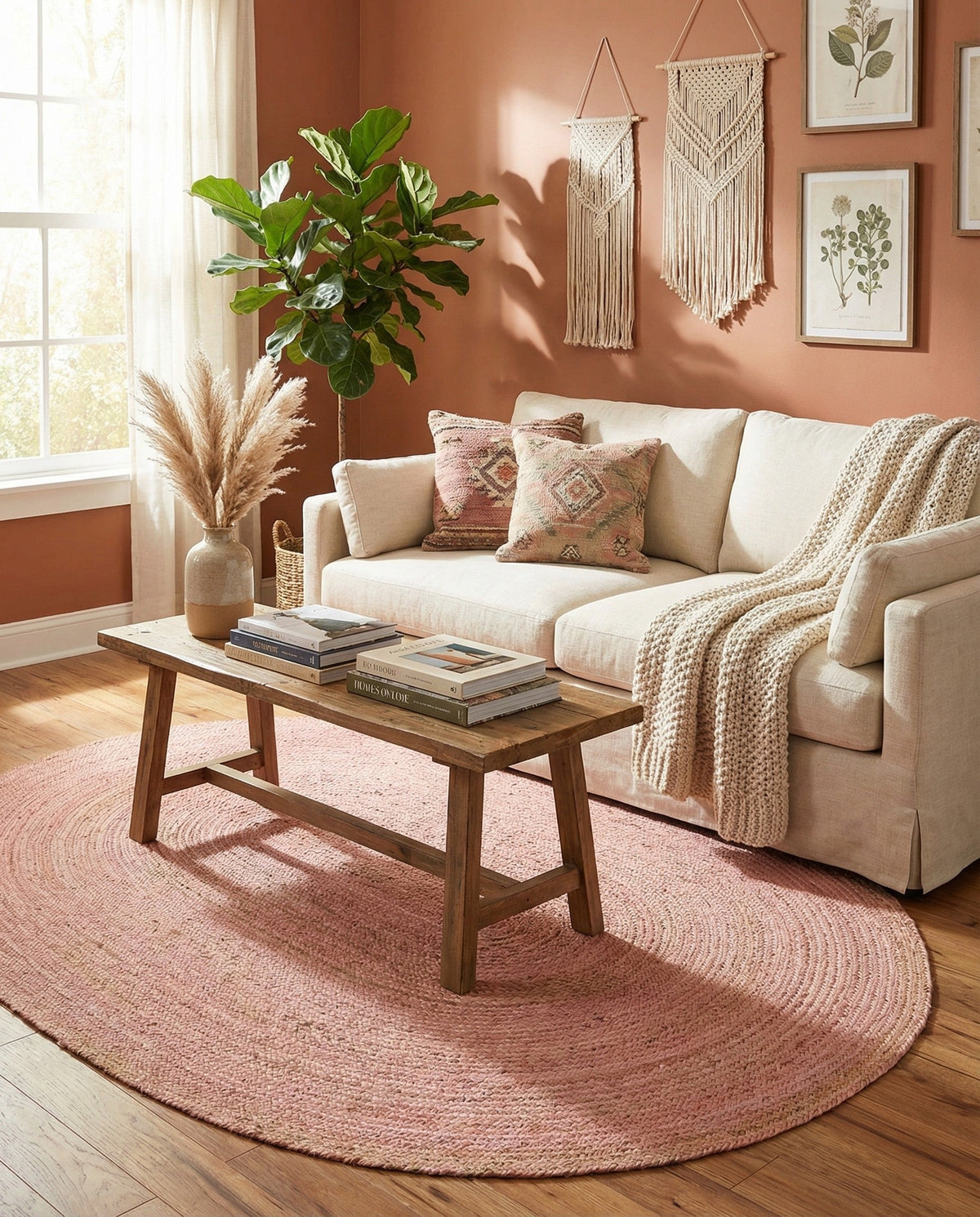 Woven Seaside Jute Collection Area Rug - Savannah (Light Pink) Oval Light Pink  lifestyle 82