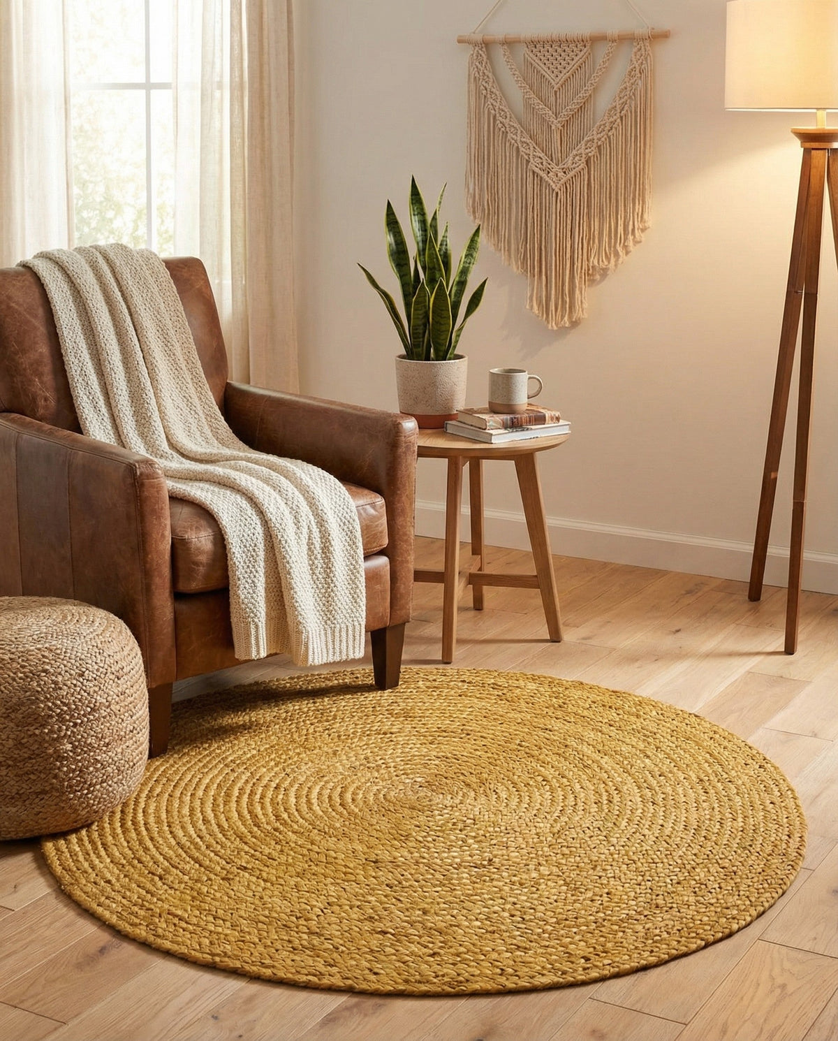 Woven Seaside Jute Collection Area Rug - Savannah (Yellow) Round Yellow  lifestyle 63