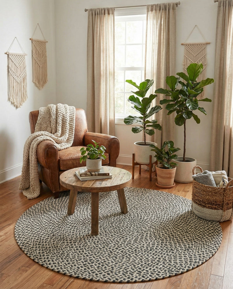 Highland Woven Jute Collection Area Rug - Glenmore (Gray) Round Gray  lifestyle 56