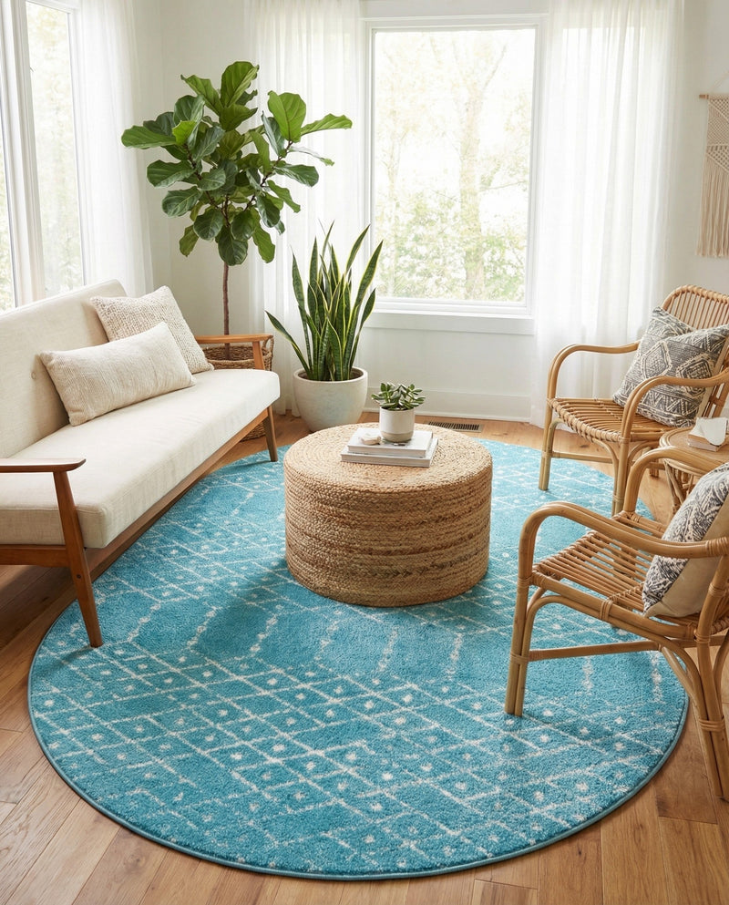 Marrakesh Lattice Collection Area Rug - Casablanca (Teal blue) Oval Teal blue  lifestyle 42