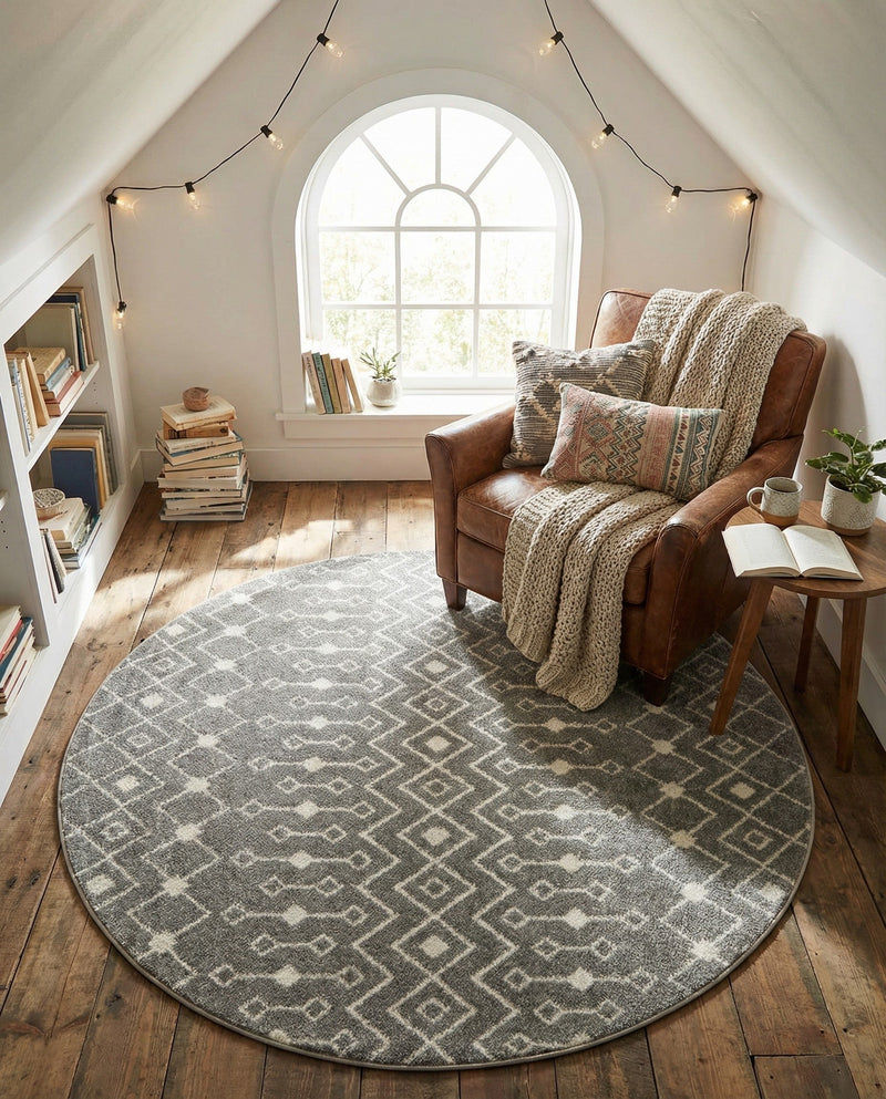 Mediterranean Lattice Collection Area Rug - Santorini (Gray) Round Gray  lifestyle 29