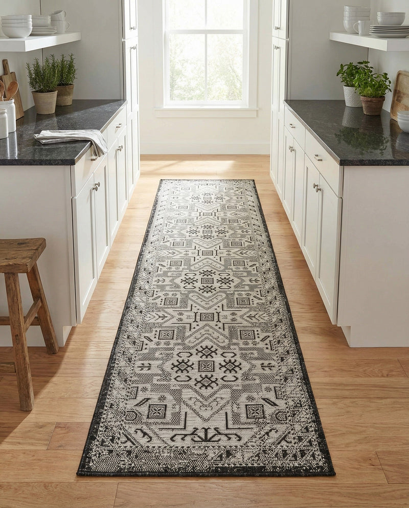 Tribal Terrace Treasures Collection Area Rug - Mayan Marina (Charcoal Gray) Runner Charcoal Gray  lifestyle 67