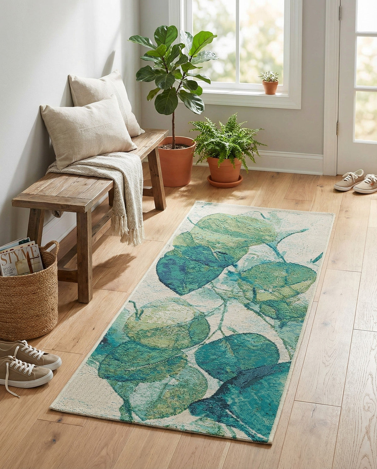 Seaside Blooms Collection Area Rug -  Flora Runner Blue Green  lifestyle 96