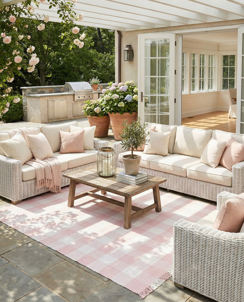 Sustainable Grid Indoor-Outdoor Oasis Collection Area Rug - Savannah Rectangle Pink  lifestyle 26