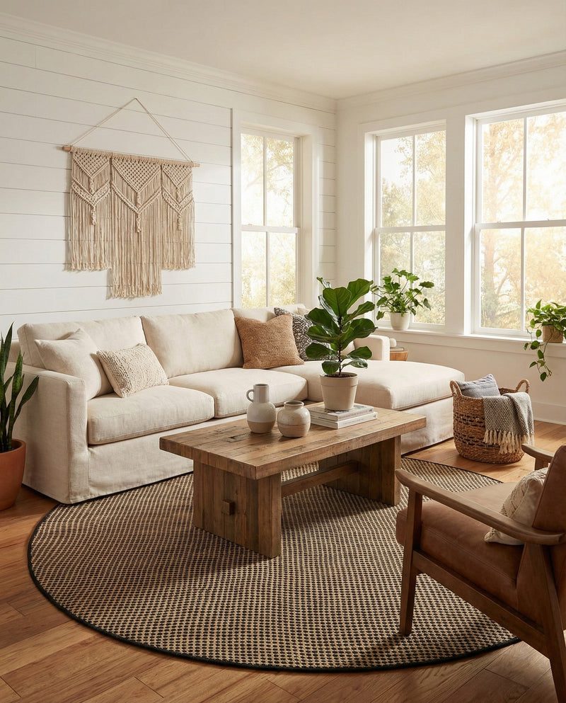 Sequoia Handwoven Jute Collection Area Rug - Aspen Round Black and White  lifestyle 32