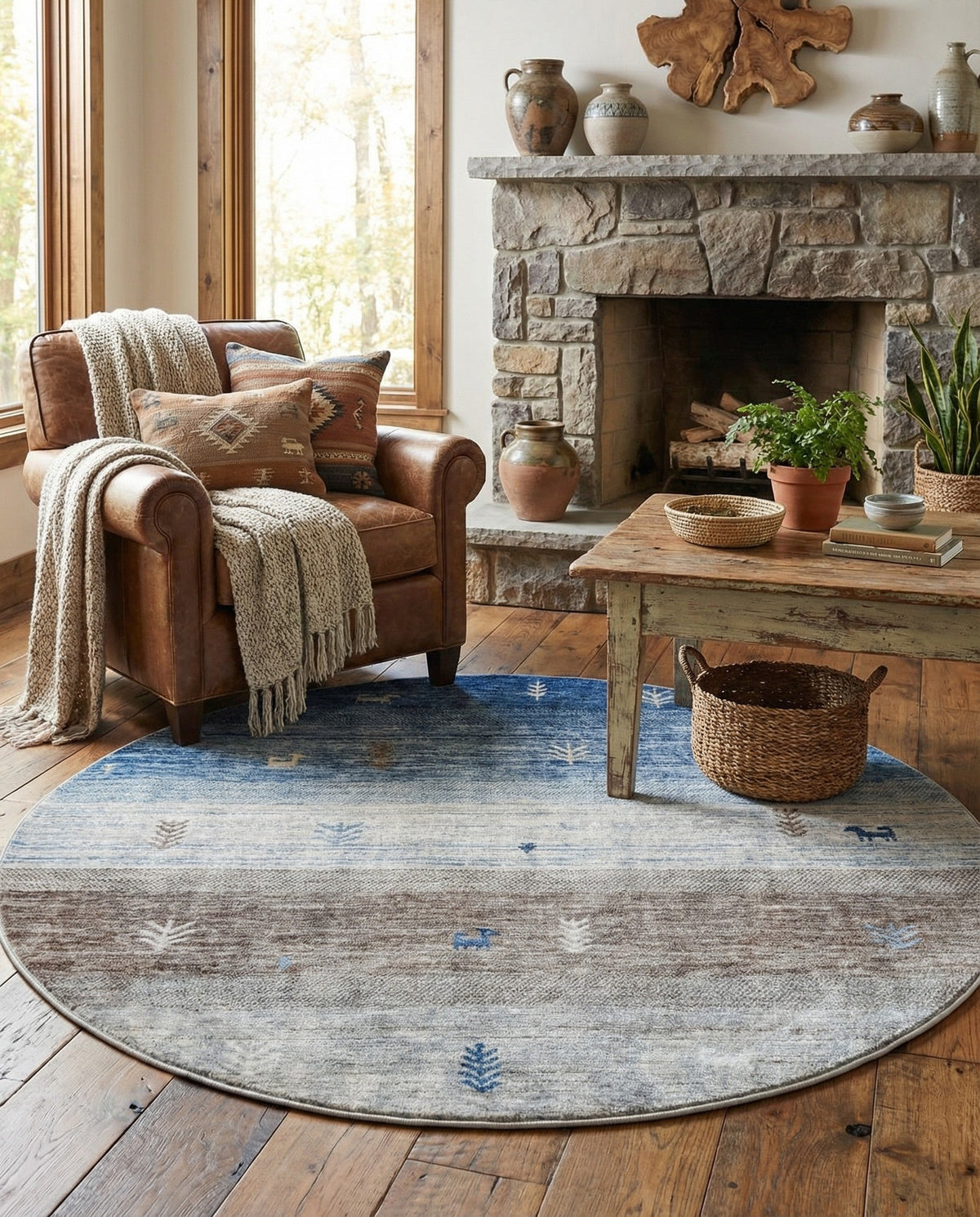 Zagros Shades Collection Area Rug -  Sisakht Round Blue Gray  lifestyle 54