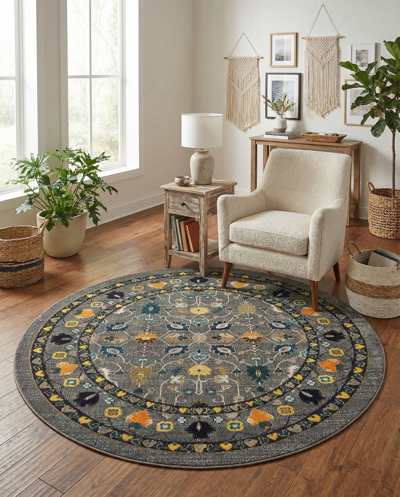 Chateau Elegance Collection Area Rug -  Luxembourg Round Gray  lifestyle 60
