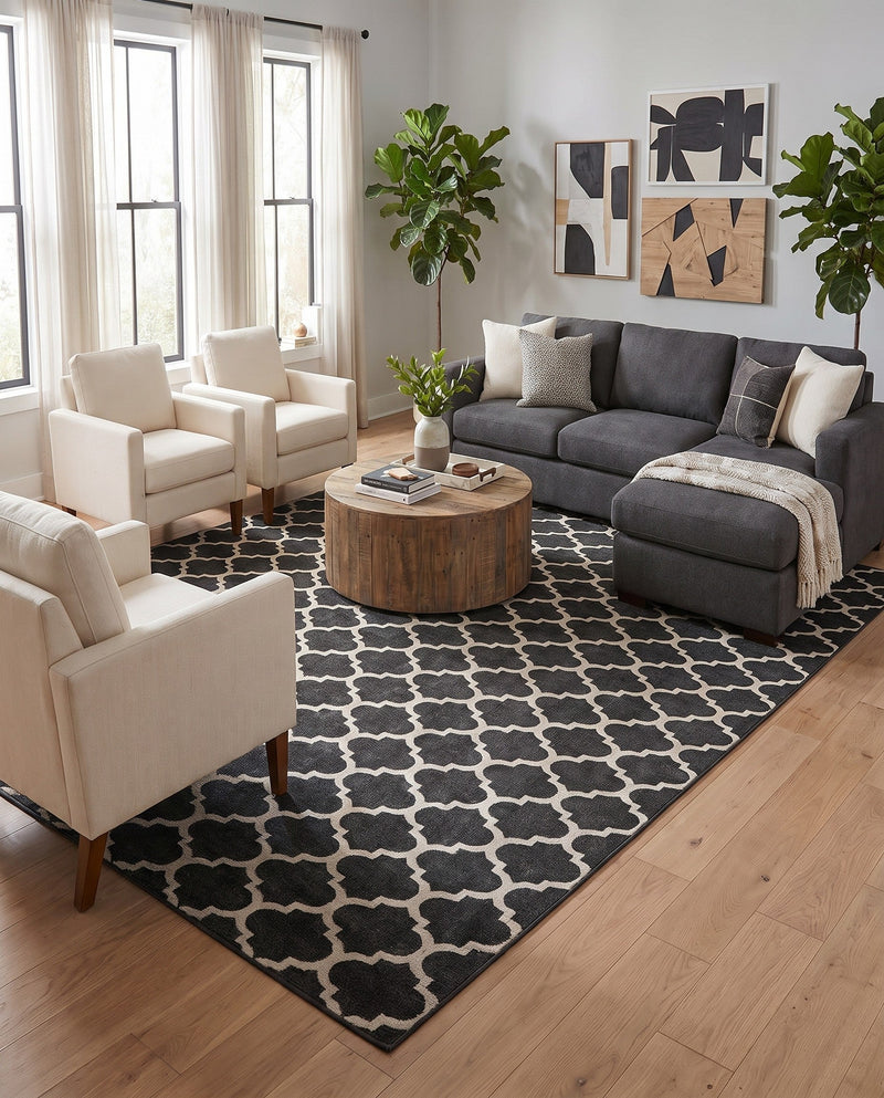 Lattice Gardens Collection Area Rug -  Bloomfield (Black) Rectangle Black  lifestyle 28