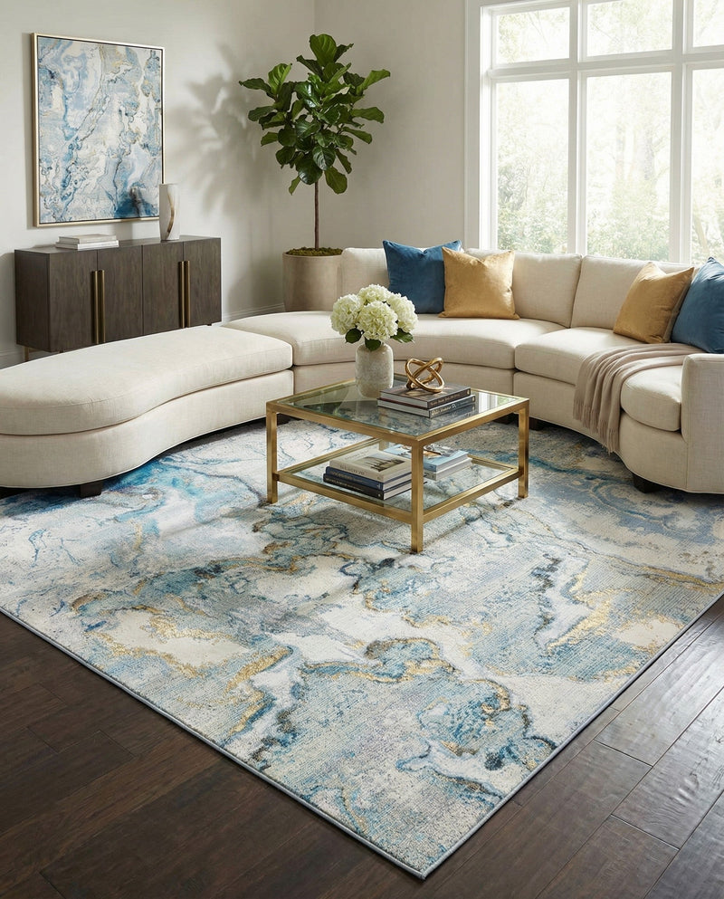 Urban Terrace Collection Area Rug -  Vertex Square Blue and Ivory  lifestyle 63