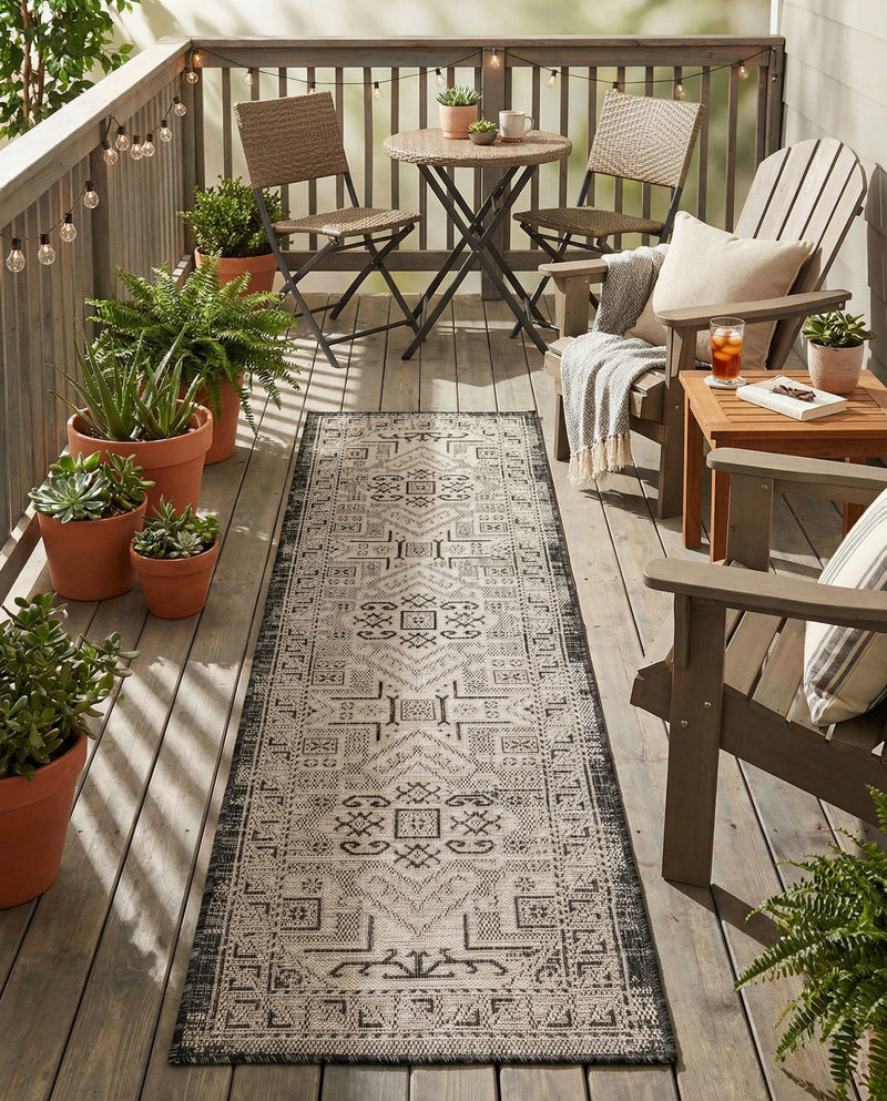 Tribal Terrace Treasures Collection Area Rug - Mayan Marina (Charcoal Gray) Runner Charcoal Gray  lifestyle 64
