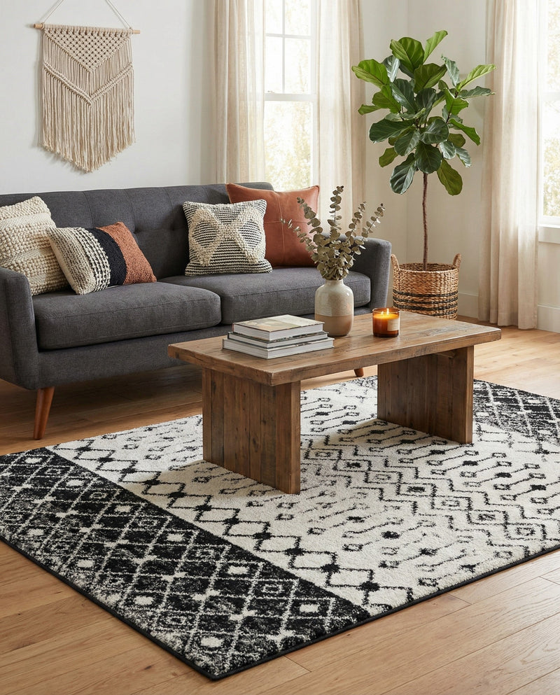 Mediterranean Lattice Collection Area Rug -  Casablanca (Black and White) Rectangle Black and White  lifestyle 3