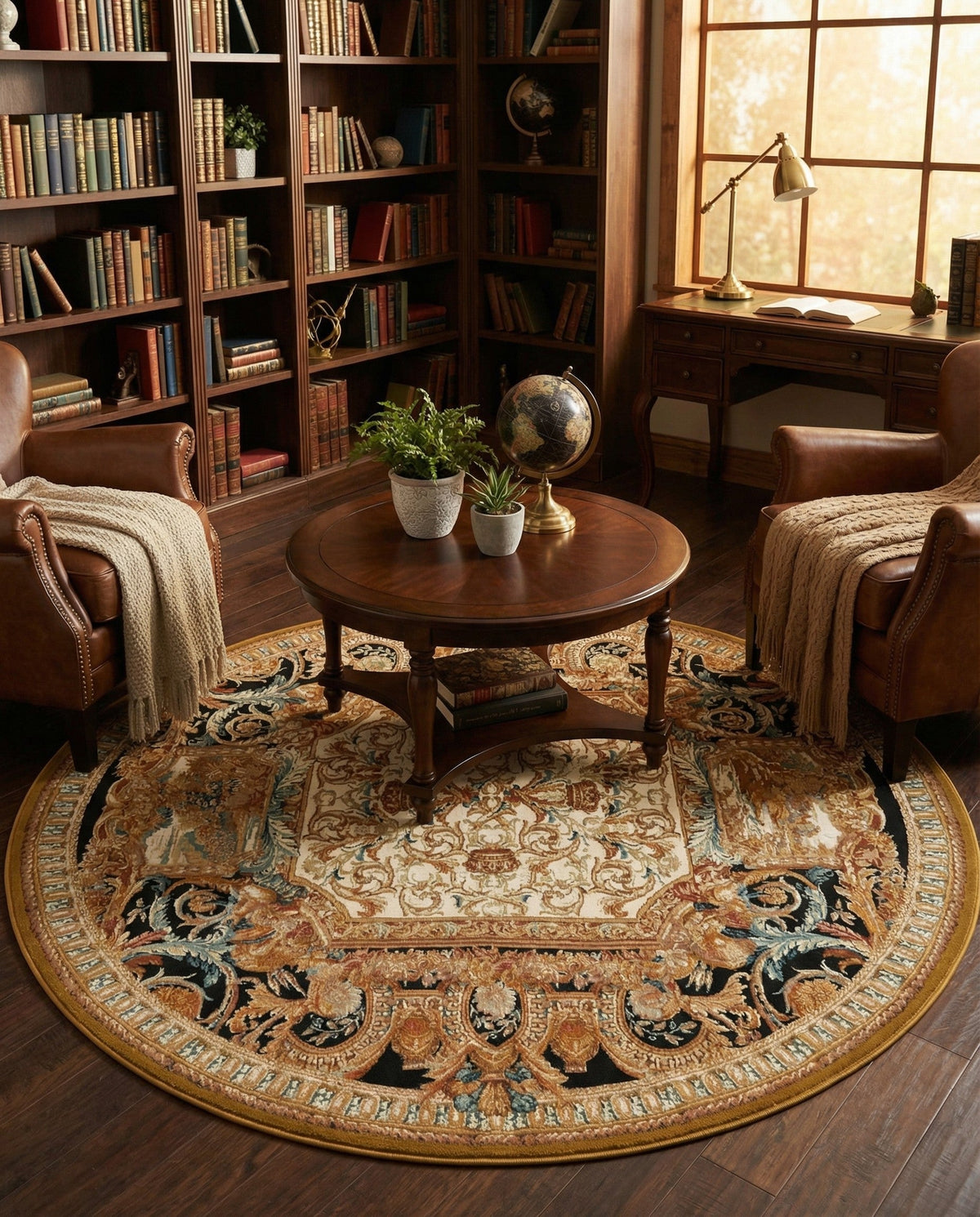 Patio Heritage Collection Area Rug - Veranda Round Black Gold Brown  lifestyle 94