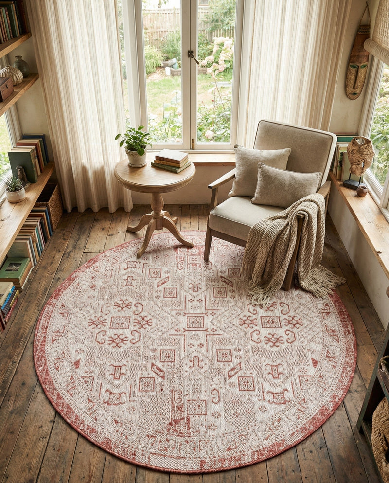 Tribal Terrace Treasures Collection Area Rug - Mayan Marina (Rust Red) Round Rust Red  lifestyle 38