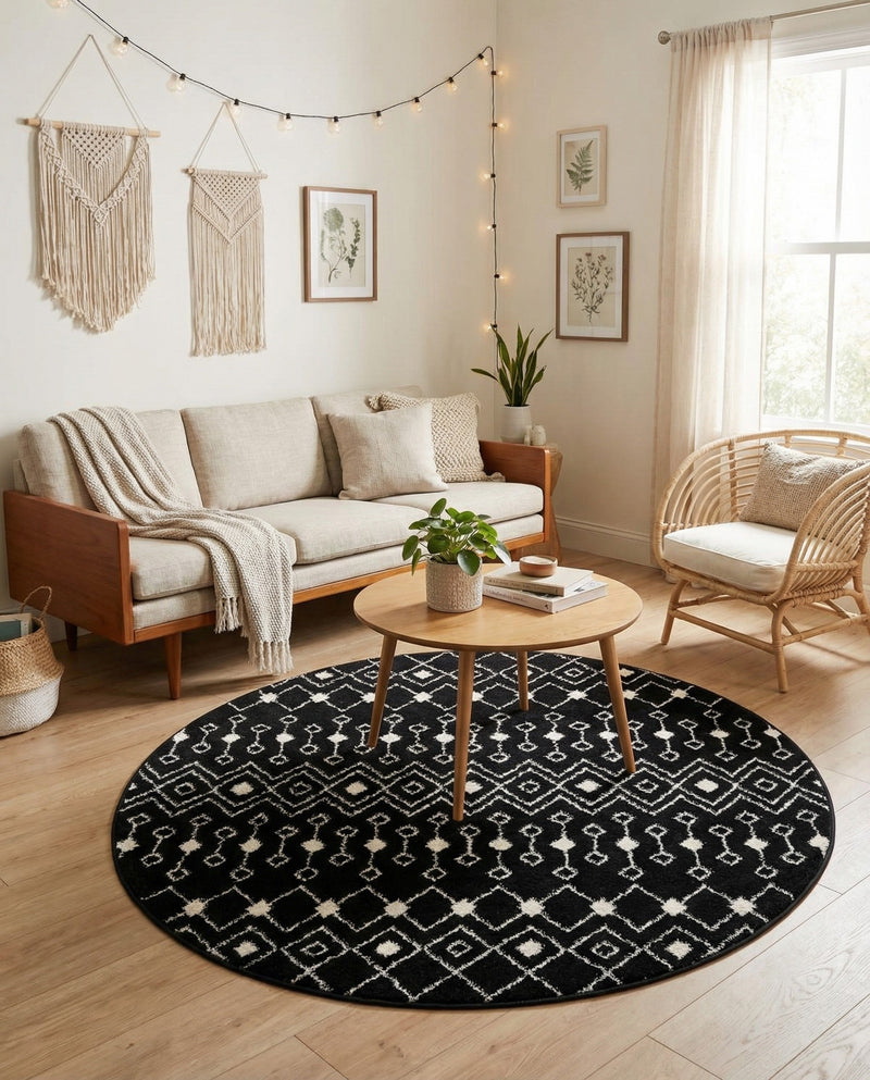 Mediterranean Lattice Collection Area Rug - Santorini (Black and White) Round Black and White  lifestyle 57