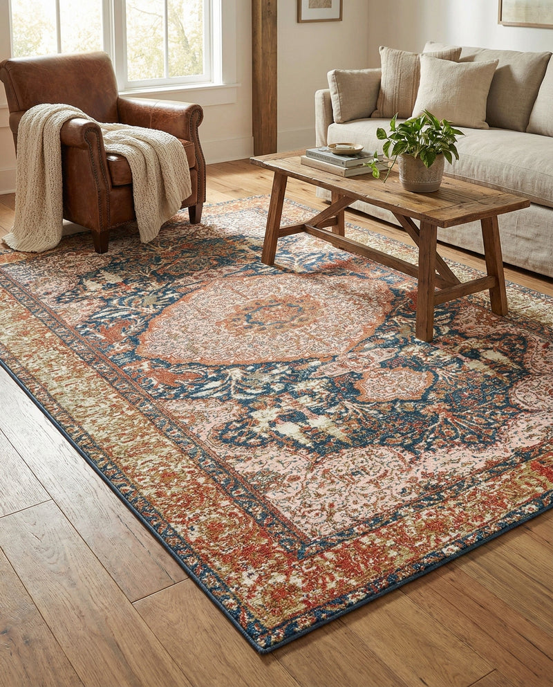 Patio Heritage Collection Area Rug -  Courtyard Rectangle Navy Blue and Light Pink  lifestyle 12