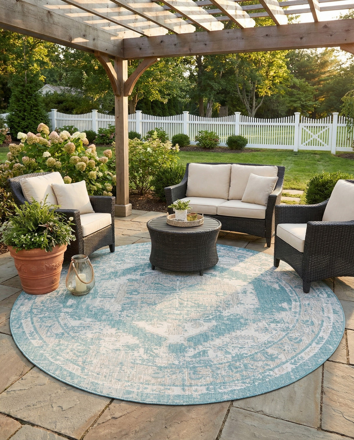 Patio Heritage Collection Area Rug -  Augusta (Aqua) Round Aqua  lifestyle 91