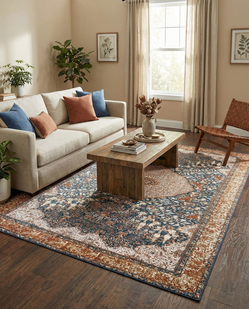 Patio Heritage Collection Area Rug -  Courtyard Rectangle Navy Blue and Light Pink  lifestyle 30