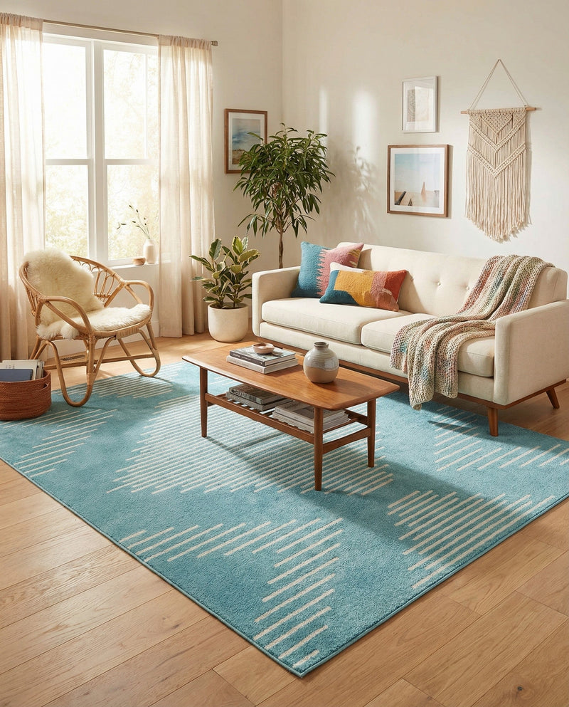 Seychelles Stripes Collection Area Rug - Mahe (Light Blue) Rectangle Light Blue  lifestyle 17