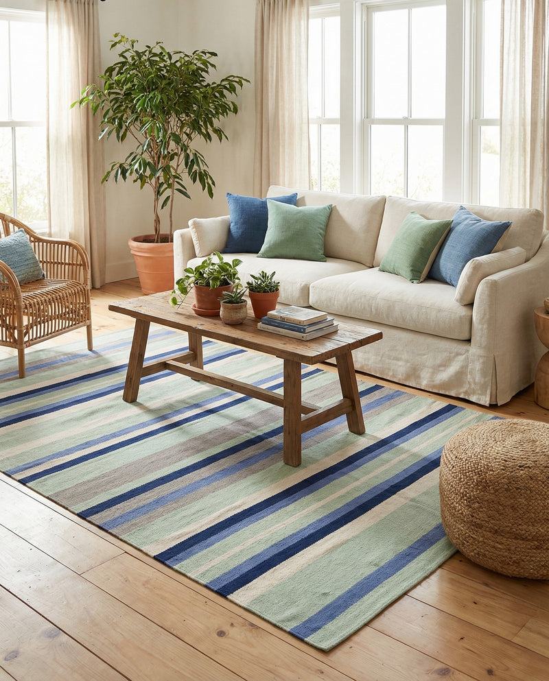 Coastal Stripe Dhurrie Collection Area Rug - Seashore Rectangle Aqua Blue and Gray  lifestyle 15