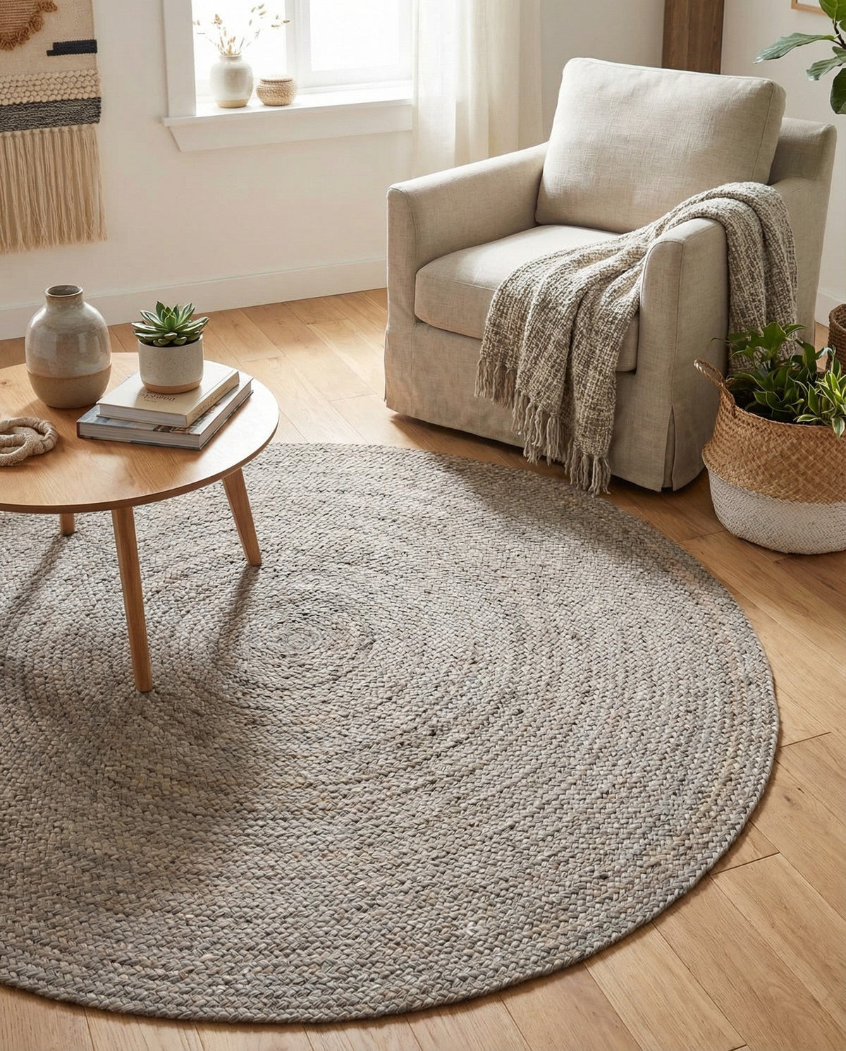 Woven Seaside Jute Collection Area Rug - Savannah (Gray) Round Gray  lifestyle 82