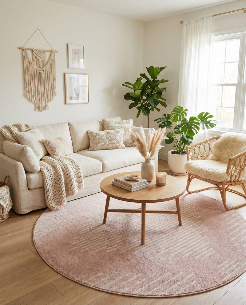 Seychelles Stripes Collection Area Rug - Mahe (Pink) Round Pink  lifestyle 37