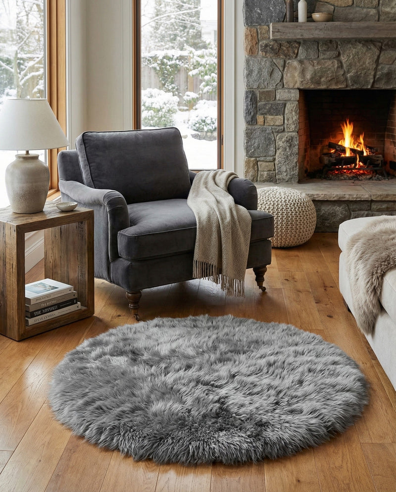 Lambskin Haven Collection Area Rug - Fleeceville Round Gray  lifestyle 39