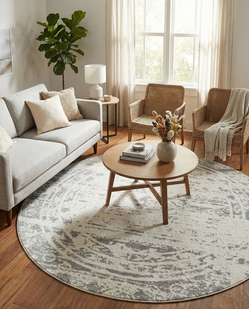 Brighton Stripes Collection Area Rug - Sussex (Ivory and Gray) Round Ivory and Gray  lifestyle 32