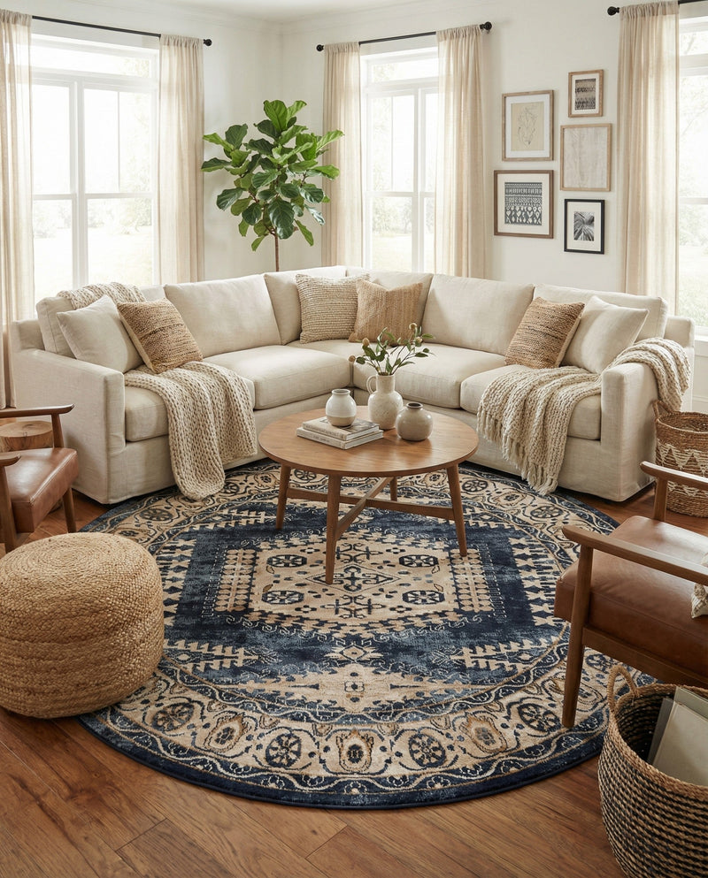 Eden Oasis Collection Area Rug -  Refuge (Dark Blue) Round Dark Blue  lifestyle 71