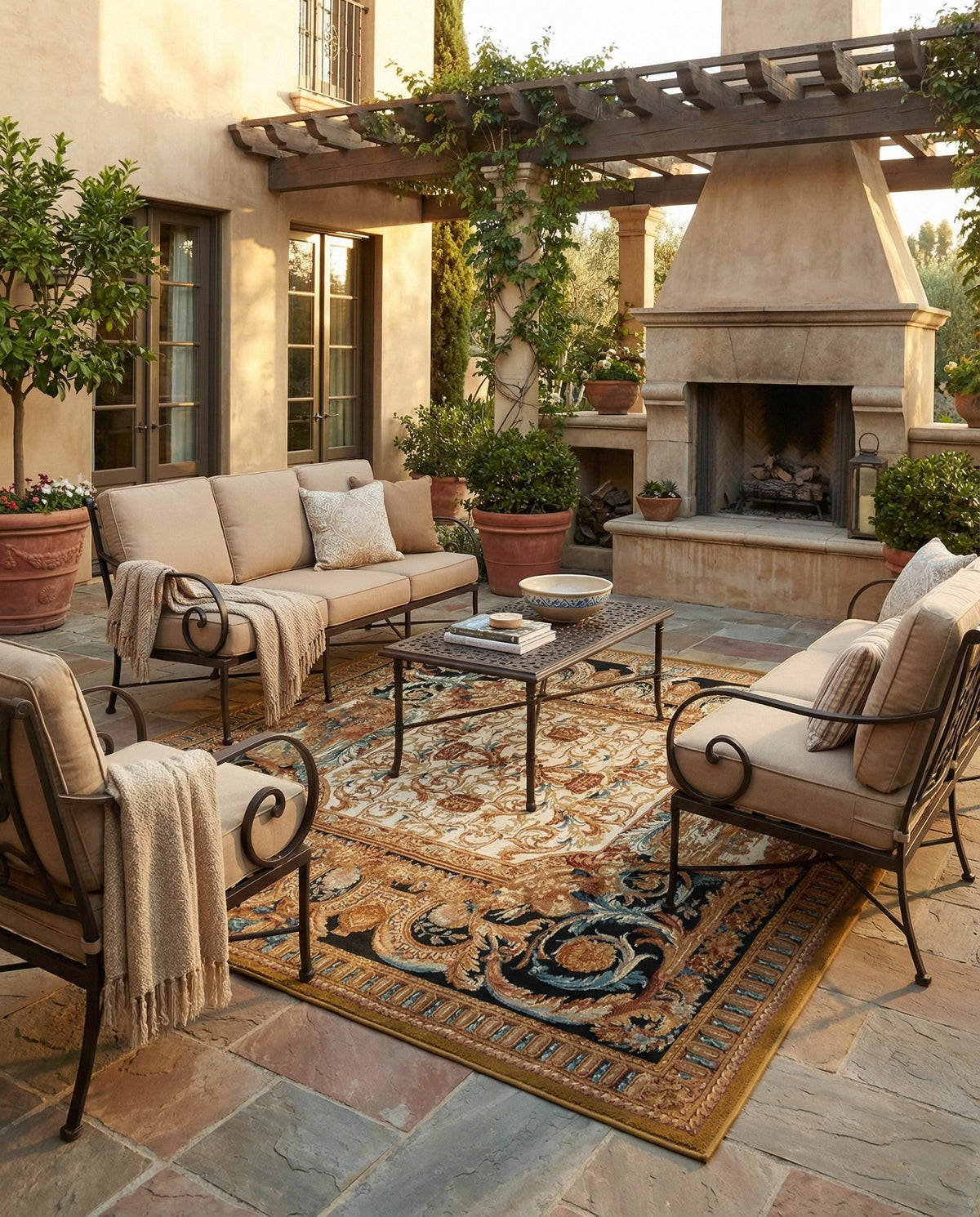 Patio Heritage Collection Area Rug - Veranda Square Black Gold Brown  lifestyle 100