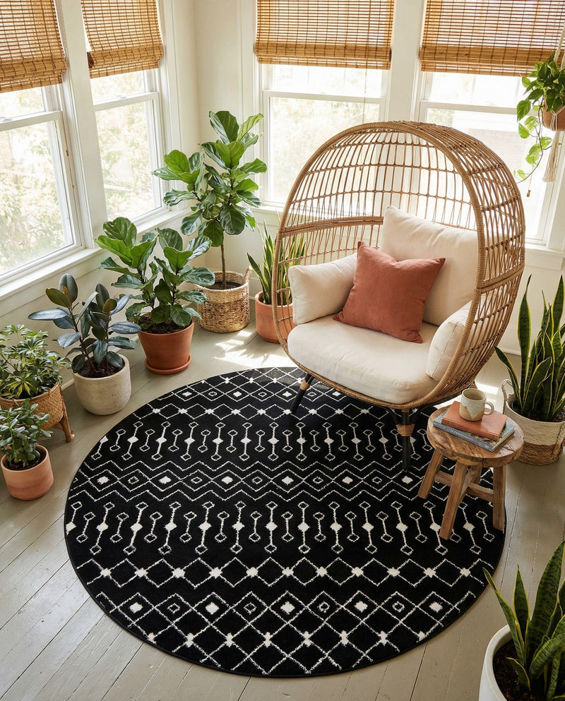 Mediterranean Lattice Collection Area Rug - Santorini (Black and White) Round Black and White  lifestyle 50