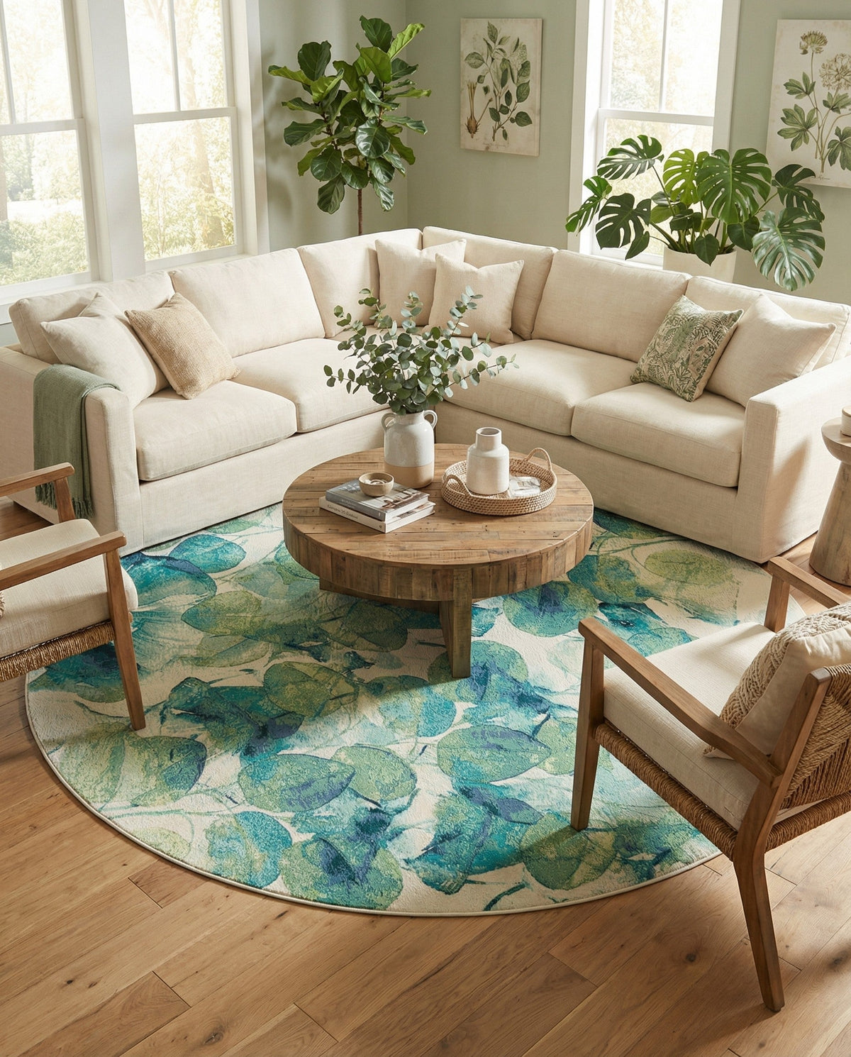 Seaside Blooms Collection Area Rug -  Flora Round Blue Green  lifestyle 82