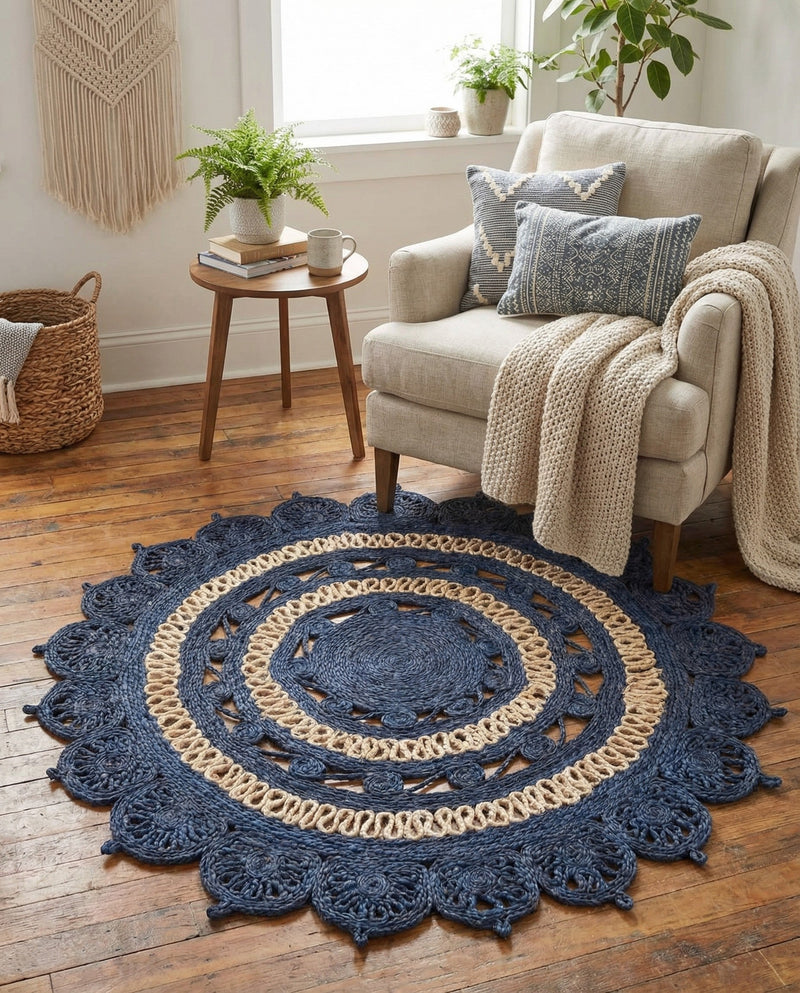 Woven Seaside Jute Collection Area Rug - Coastalhaven (Navy Blue and White) Round Navy Blue and White  lifestyle 18