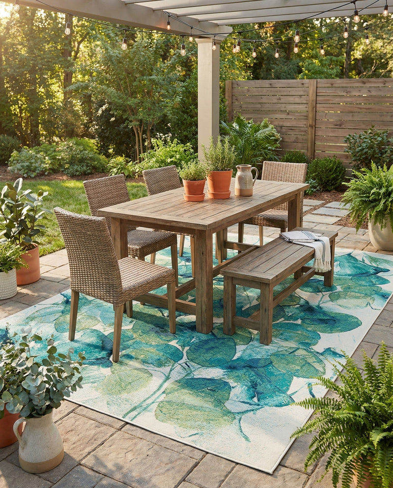 Seaside Blooms Collection Area Rug -  Flora Rectangle Blue Green  lifestyle 18