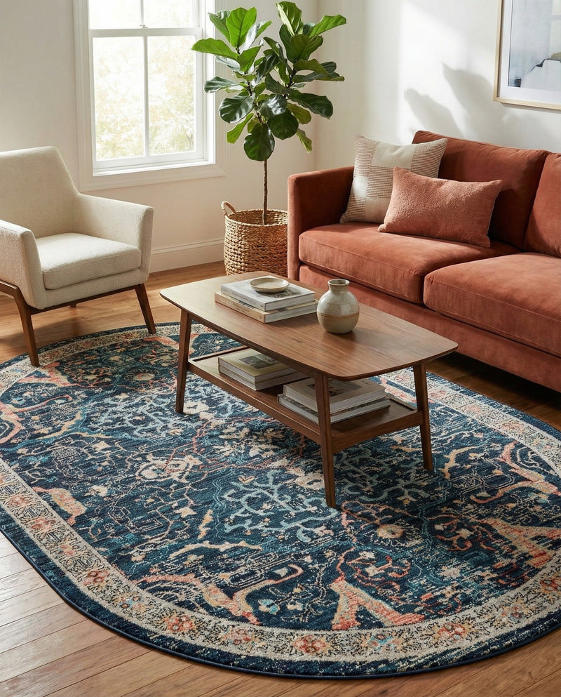 Seville Stripes Collection Area Rug -  Malaga (Navy Blue) Oval Navy Blue  lifestyle 63