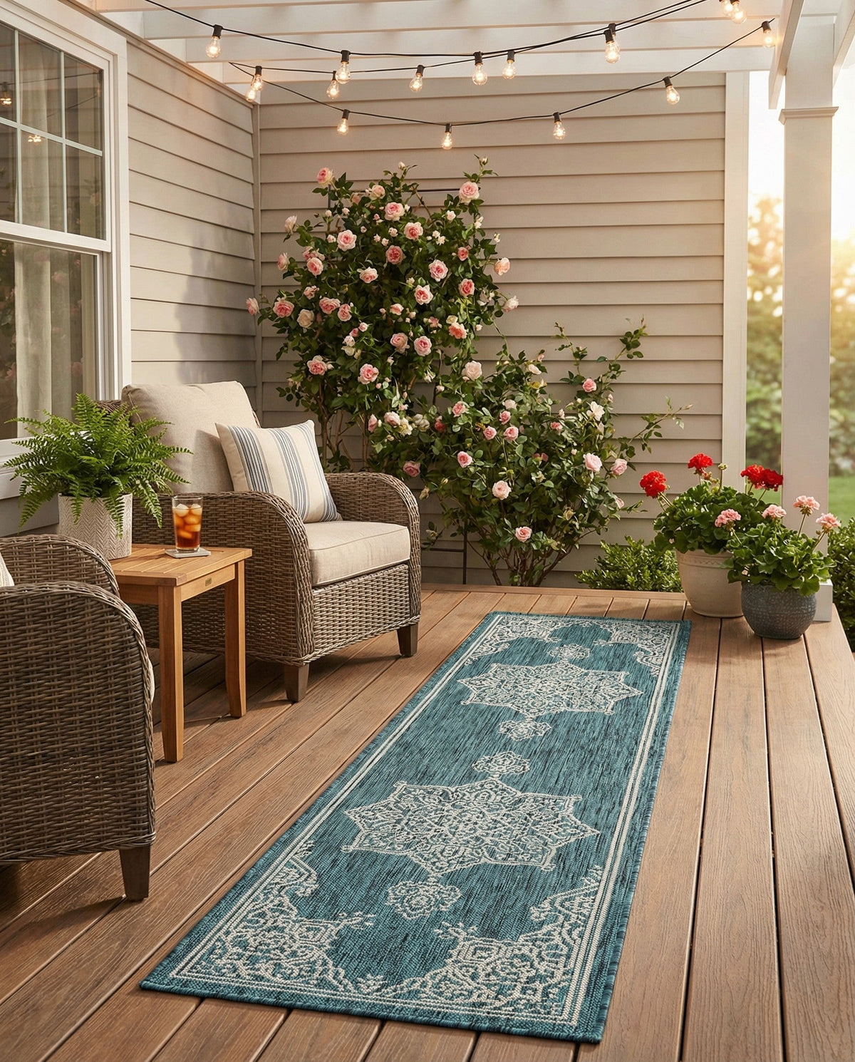 Patio Heritage Collection Area Rug -  Charleston (Teal) Runner Teal  lifestyle 92