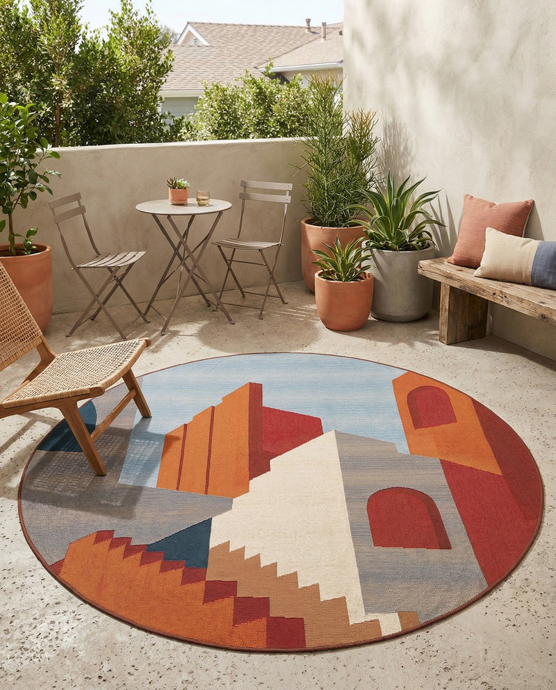 Urban Terrace Collection Area Rug -  Patio Round Multi  lifestyle 63