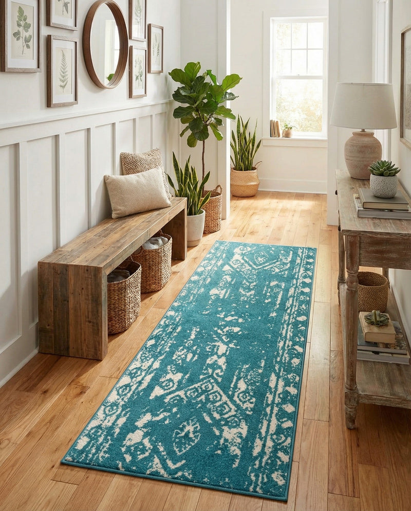 Brighton Stripes Collection Area Rug - Sussex (Turquoise) Runner Turquoise  lifestyle 59
