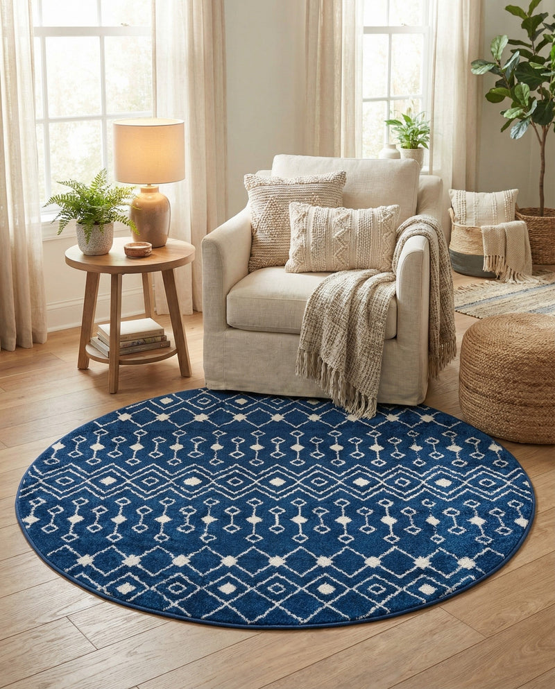 Mediterranean Lattice Collection Area Rug - Santorini (Navy Blue) Round Navy Blue  lifestyle 67