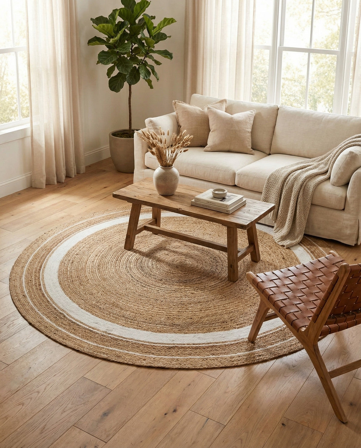 Woven Seaside Jute Collection Area Rug - Nantucket Round Natural and White  lifestyle 57