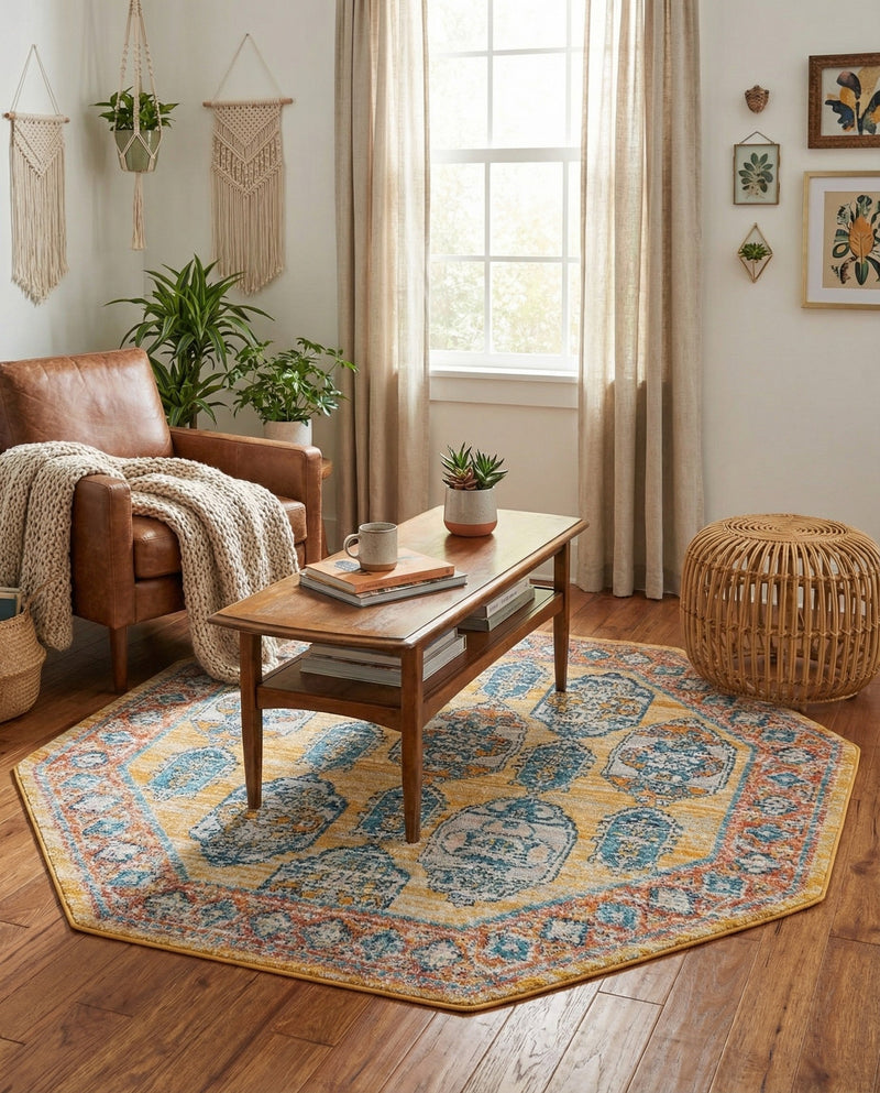 Seville Stripes Collection Area Rug -  Granada (Yellow) Octagon Yellow  lifestyle 49