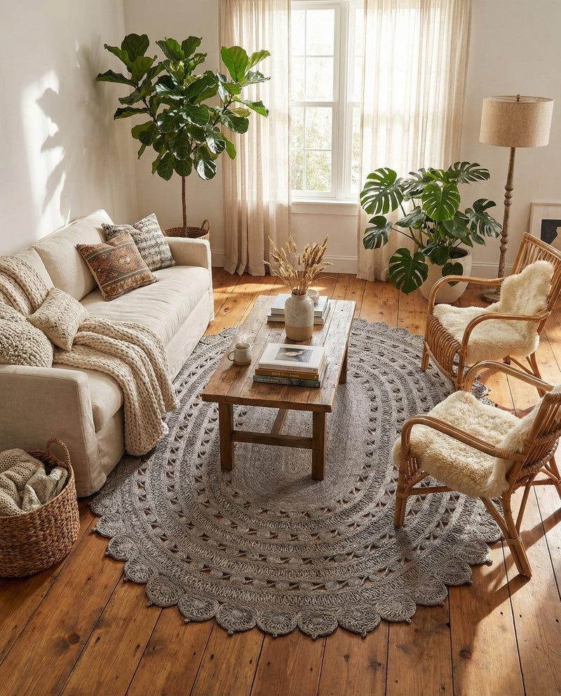 Woven Seaside Jute Collection Area Rug - Coastalhaven (Gray) Oval Gray  lifestyle 20