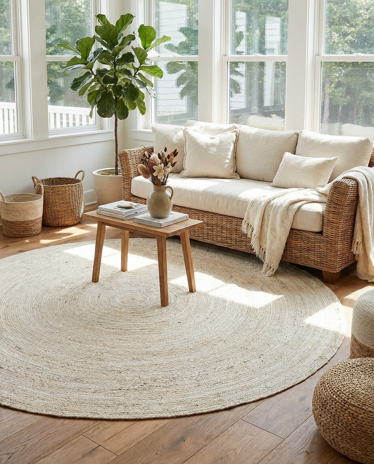 Woven Seaside Jute Collection Area Rug - Savannah (White) Round White  lifestyle 89